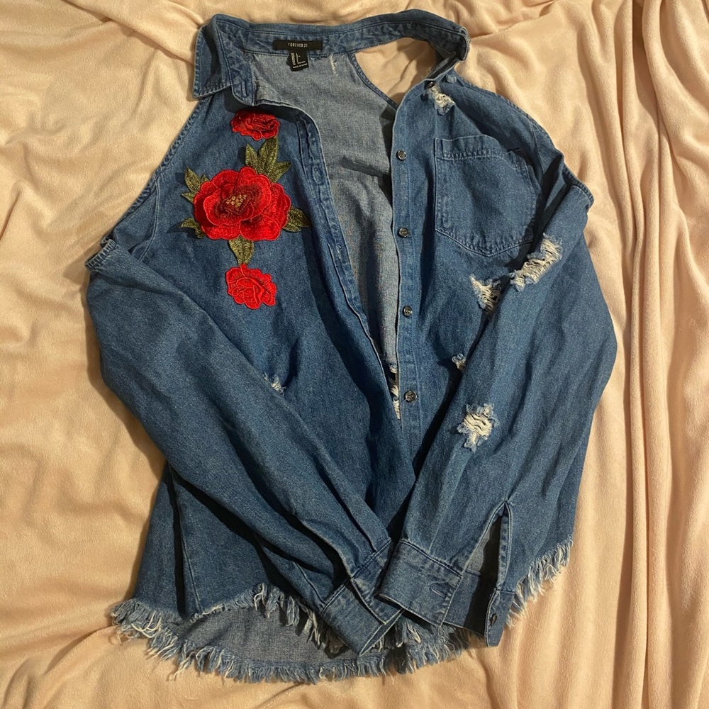 Embroidery rose denim top❤️